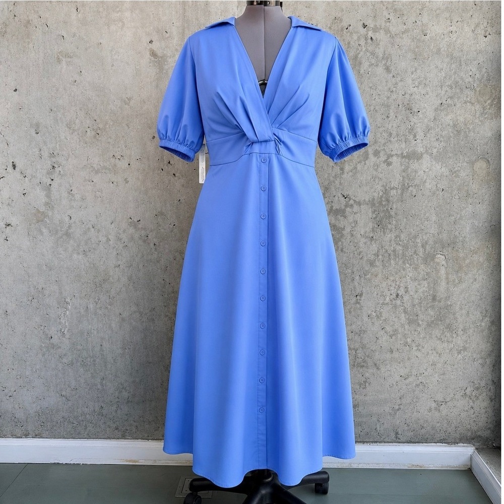 Anthropologie X Hutch Blue Twist Front Puff Sleeve Cottagecore Midi Dress 22W
